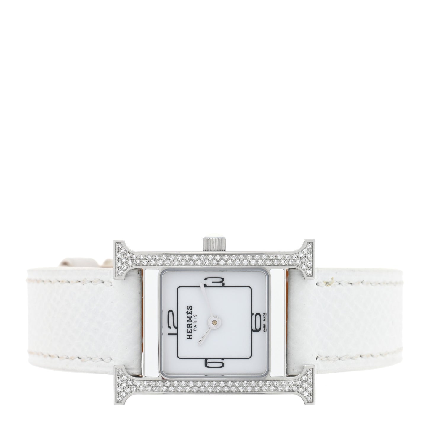 Stainless Steel Epsom Diamond Lacquer 21mm Heure H Hour Double Jeu Quartz Watch Blanc