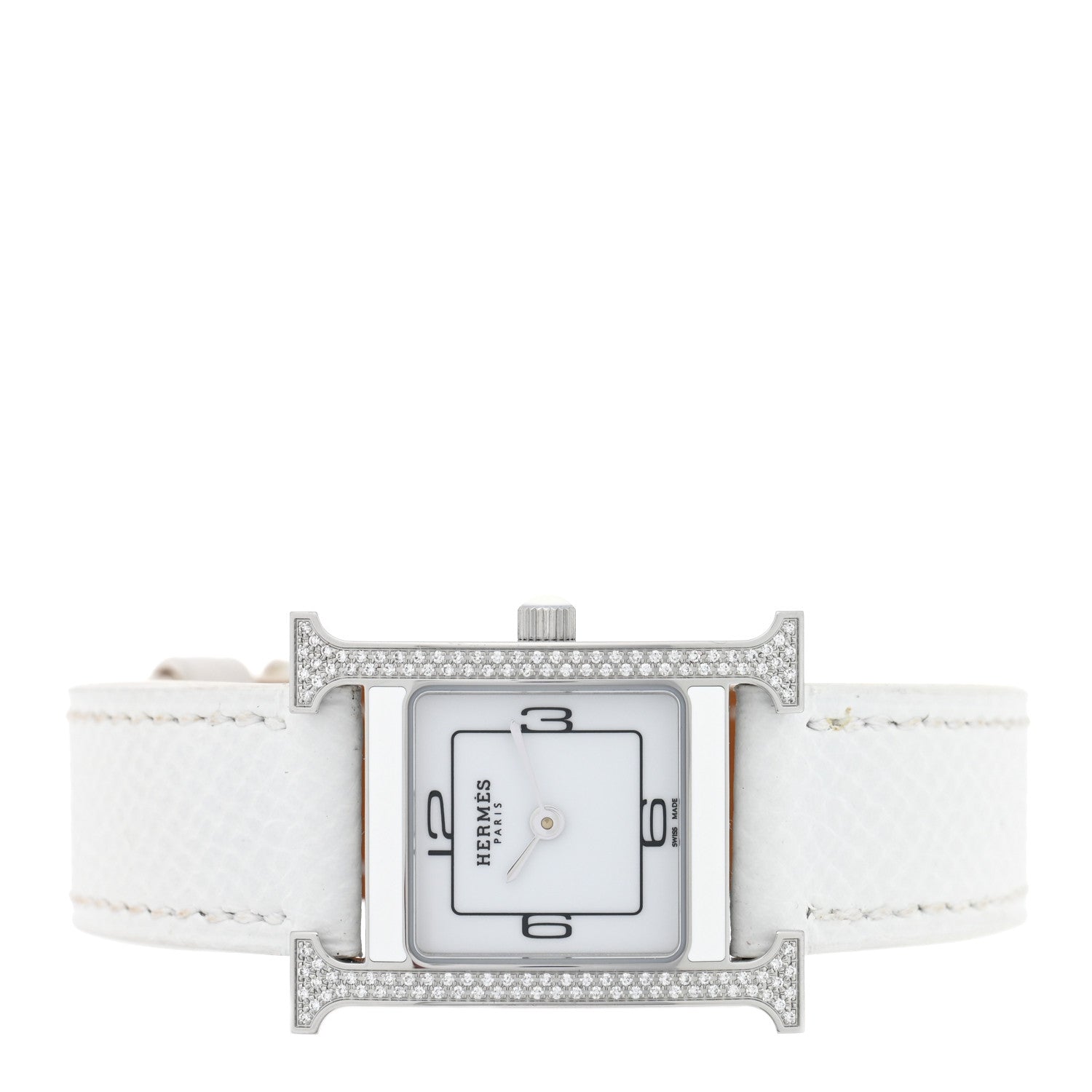 Hermes Stainless Steel Epsom Diamond Lacquer 21mm Heure H Hour Double Jeu Quartz Watch Blanc 2 of 5