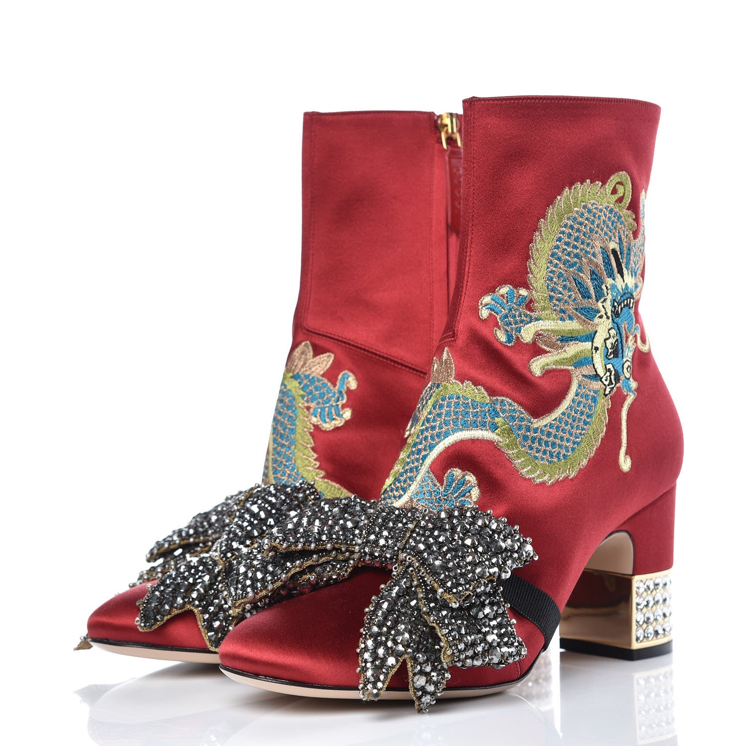 Gucci Silk Satin Malaga Kid Embroidered Candy Dragon Block-Heel Ankle Boot 38 Red 4 of 12