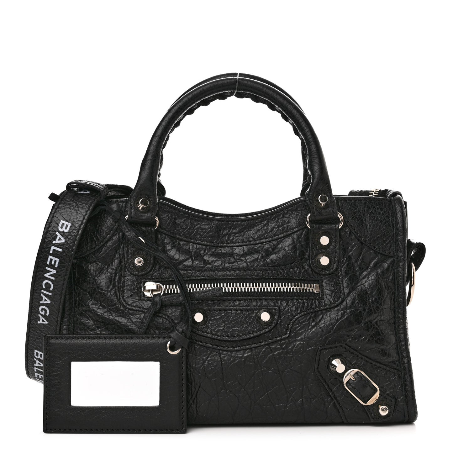 Agneau Classic Silver Hardware Mini City Logo Strap Black White