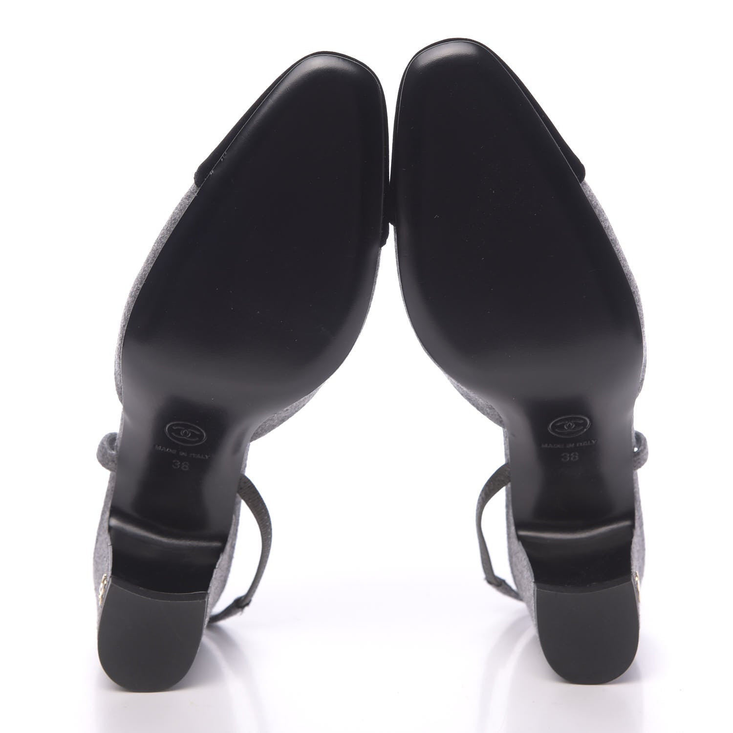 Chanel Wool Velvet Cap Toe CC Slingback Pumps 38 Black Grey 5 of 9