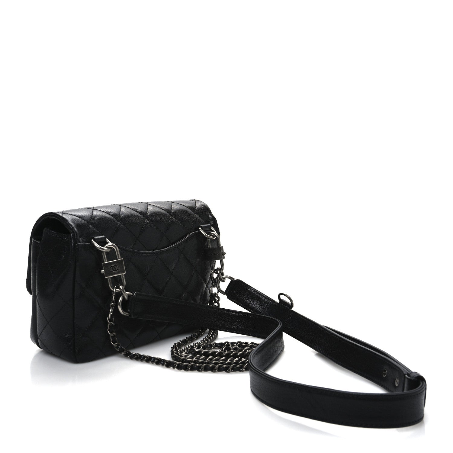 Chanel Shiny Goatskin Quilted Small Double Carry Waist Chain Flap Black 3 of 11