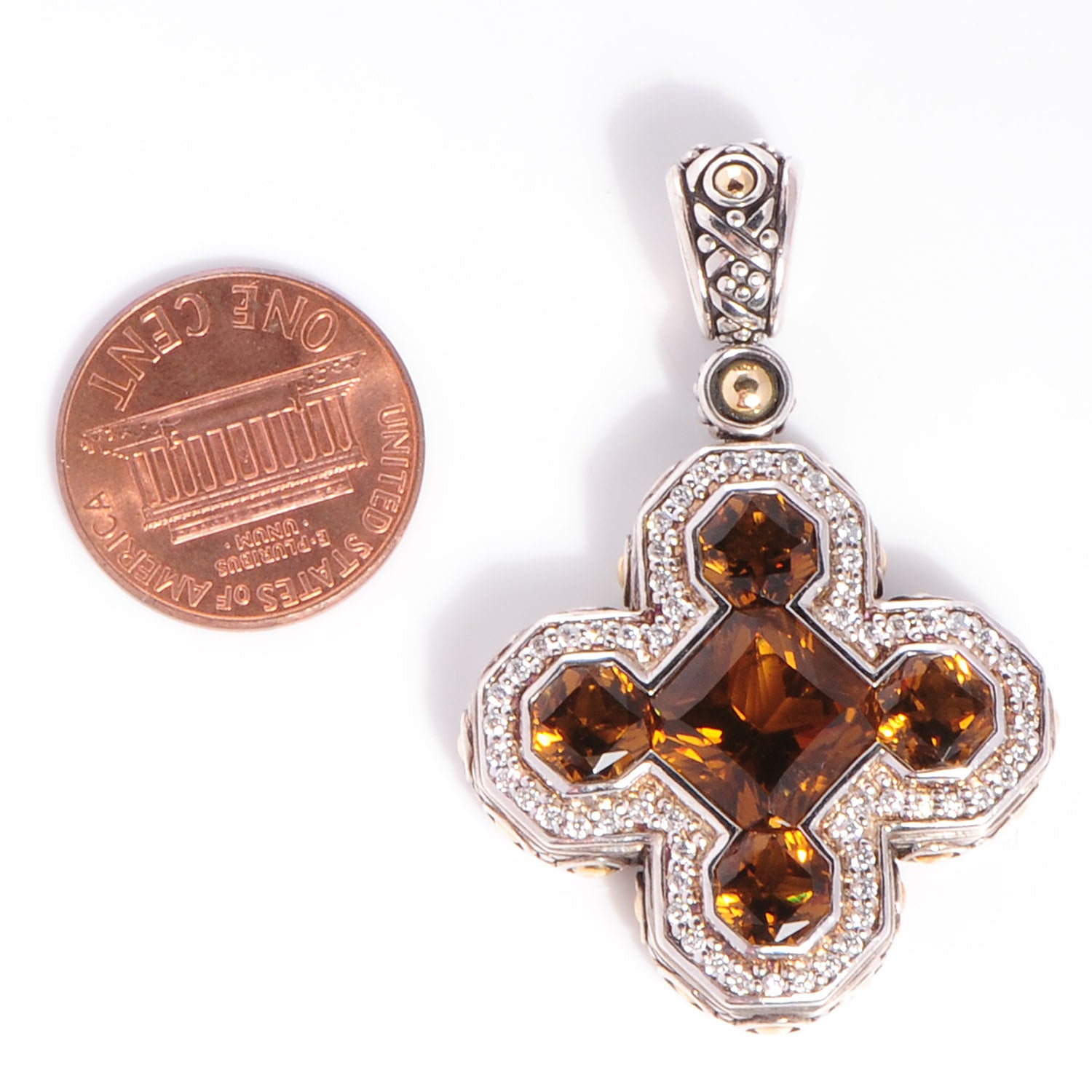 John Hardy Sterling Silver 18K Gold Citrine Diamond Batu Sari Cross Pendant 2 of 4