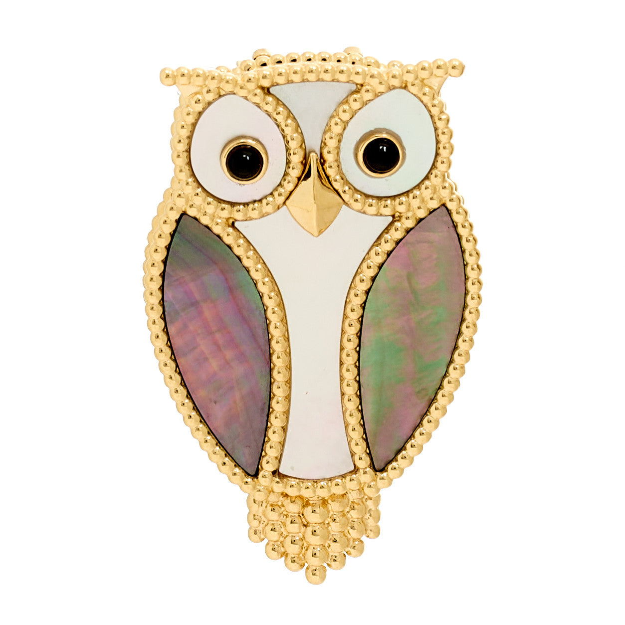 Van Cleef & Arpels 18K Yellow Gold Grey White Mother of Pearl Black Onyx Lucky Animals Owl Brooch 1 of 5