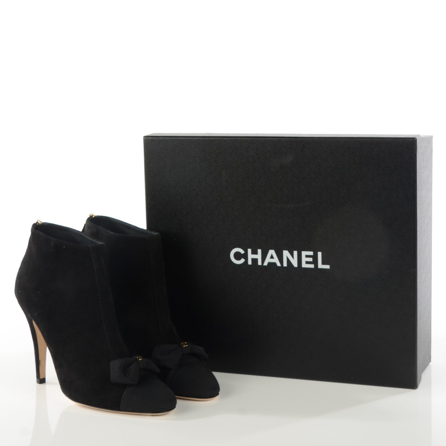 Suede Grosgrain Cap Toe CC Bow Ankle Boots 39 Black