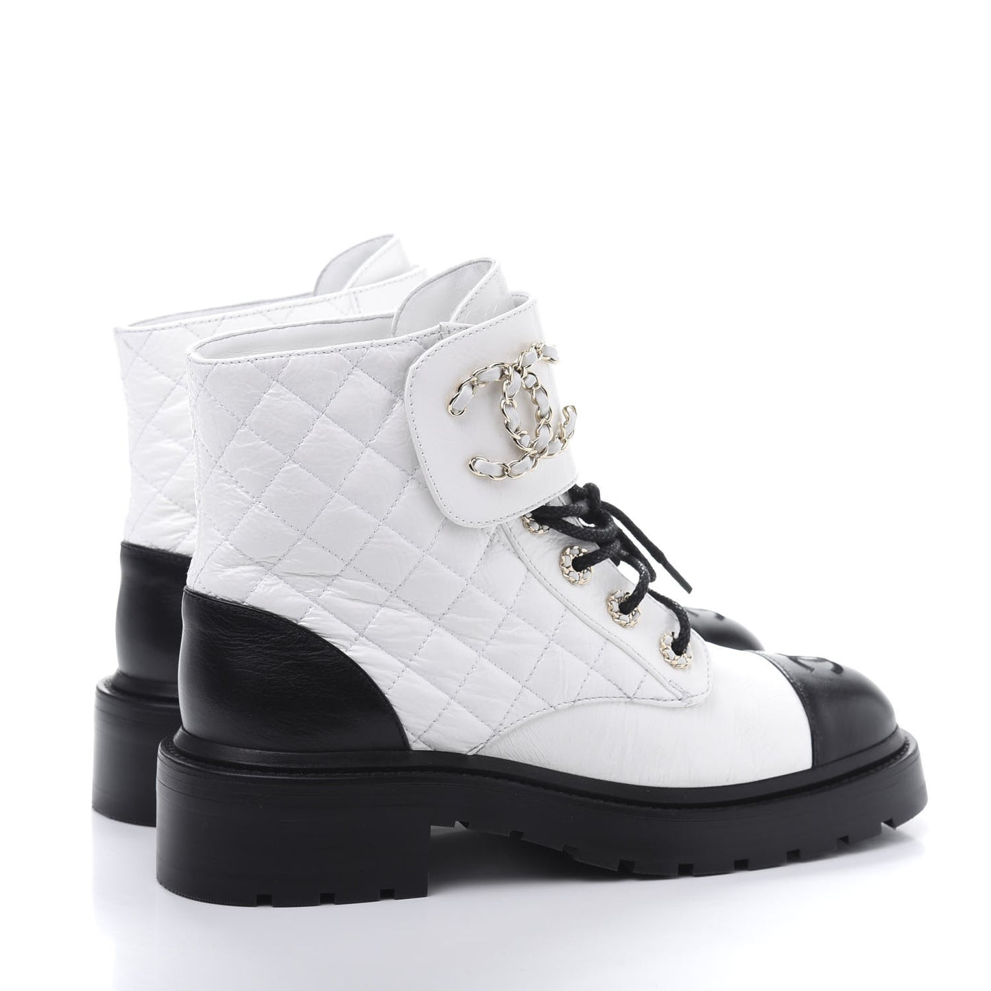 Shiny Goatskin Calfskin Quilted Lace Up Combat Boots 38.5 White Black