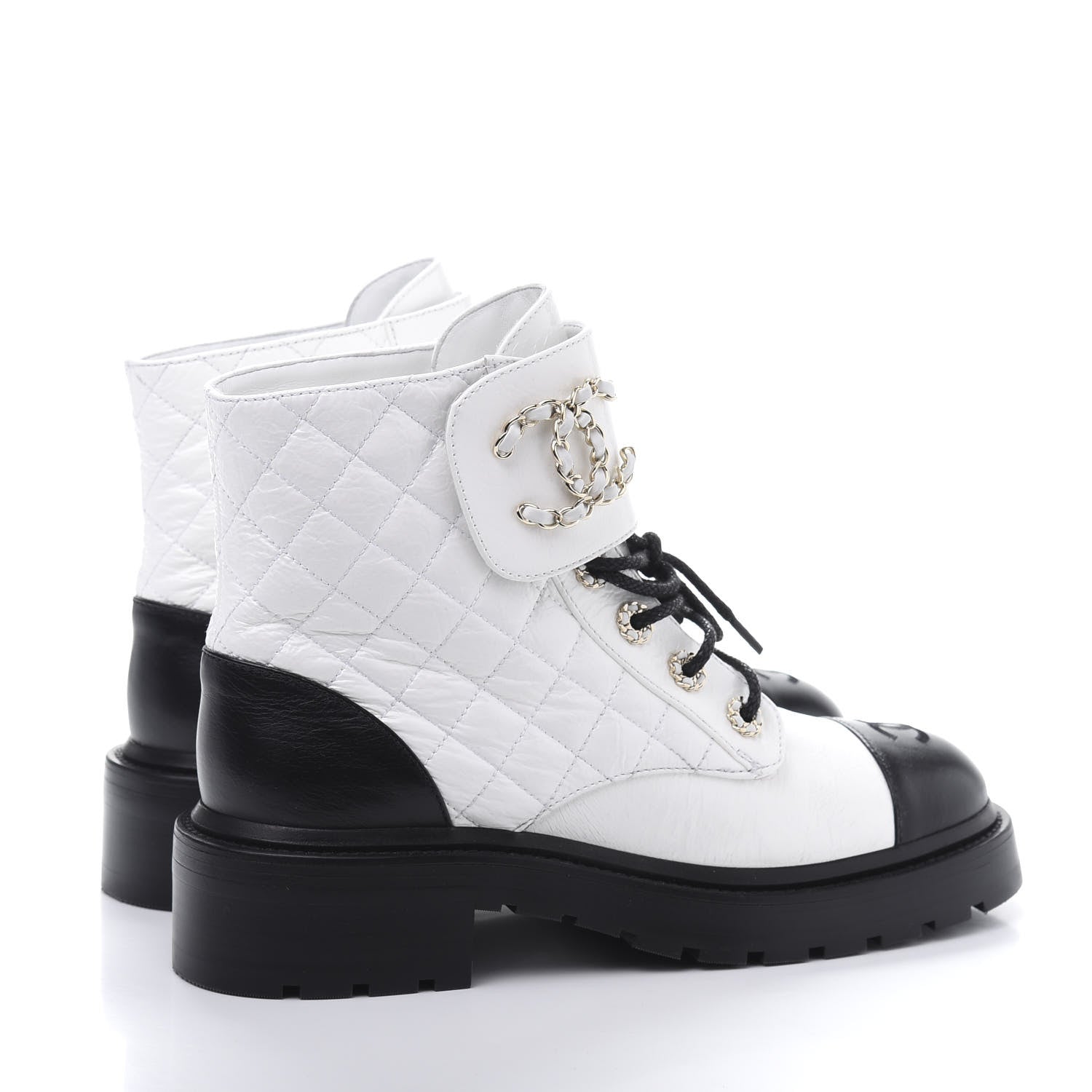 Chanel Shiny Goatskin Calfskin Quilted Lace Up Combat Boots 38.5 White Black 4 of 8