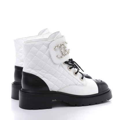 Chanel Shiny Goatskin Calfskin Quilted Lace Up Combat Boots 38.5 White Black 4 of 8