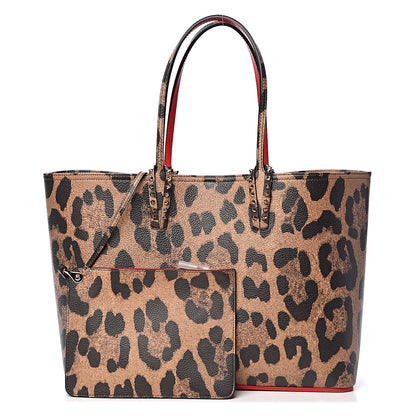 Christian Louboutin Calfskin Leopard Print Spikes East West Cabata Tote Brown 1 of 13