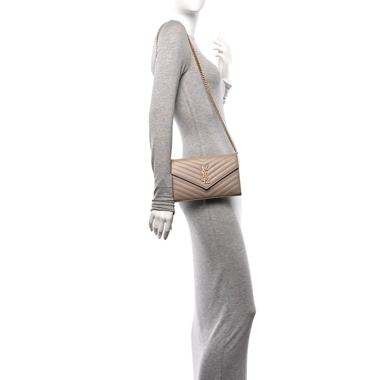 Grain De Poudre Matelasse Chevron Monogram Chain Wallet Dark Beige