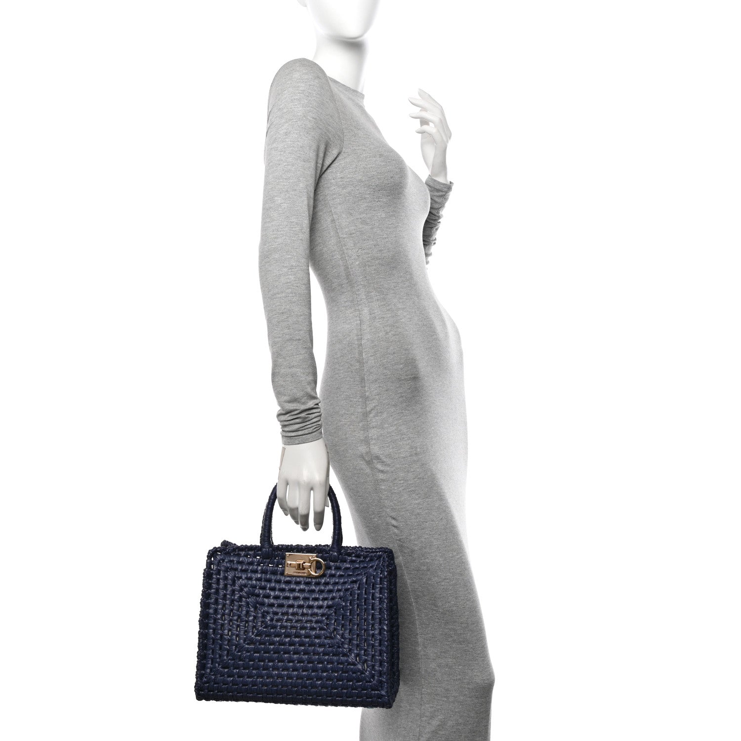 Salvatore Ferragamo Raffia Medium The Studio Box Bag Midnight 2 of 12