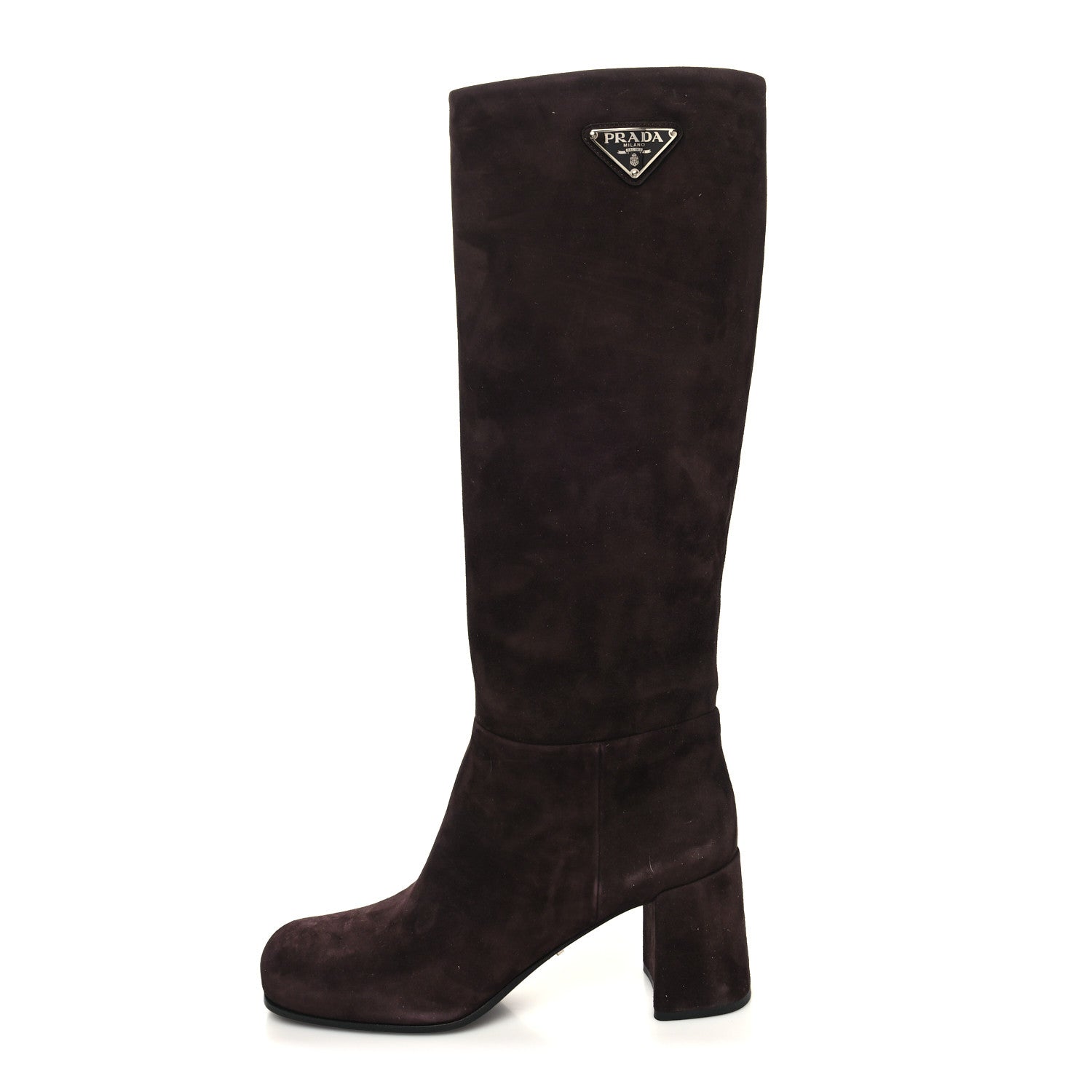 Prada Suede Metal Triangle Logo Block Heel 65mm Knee Boots 39.5 Brown 1 of 7