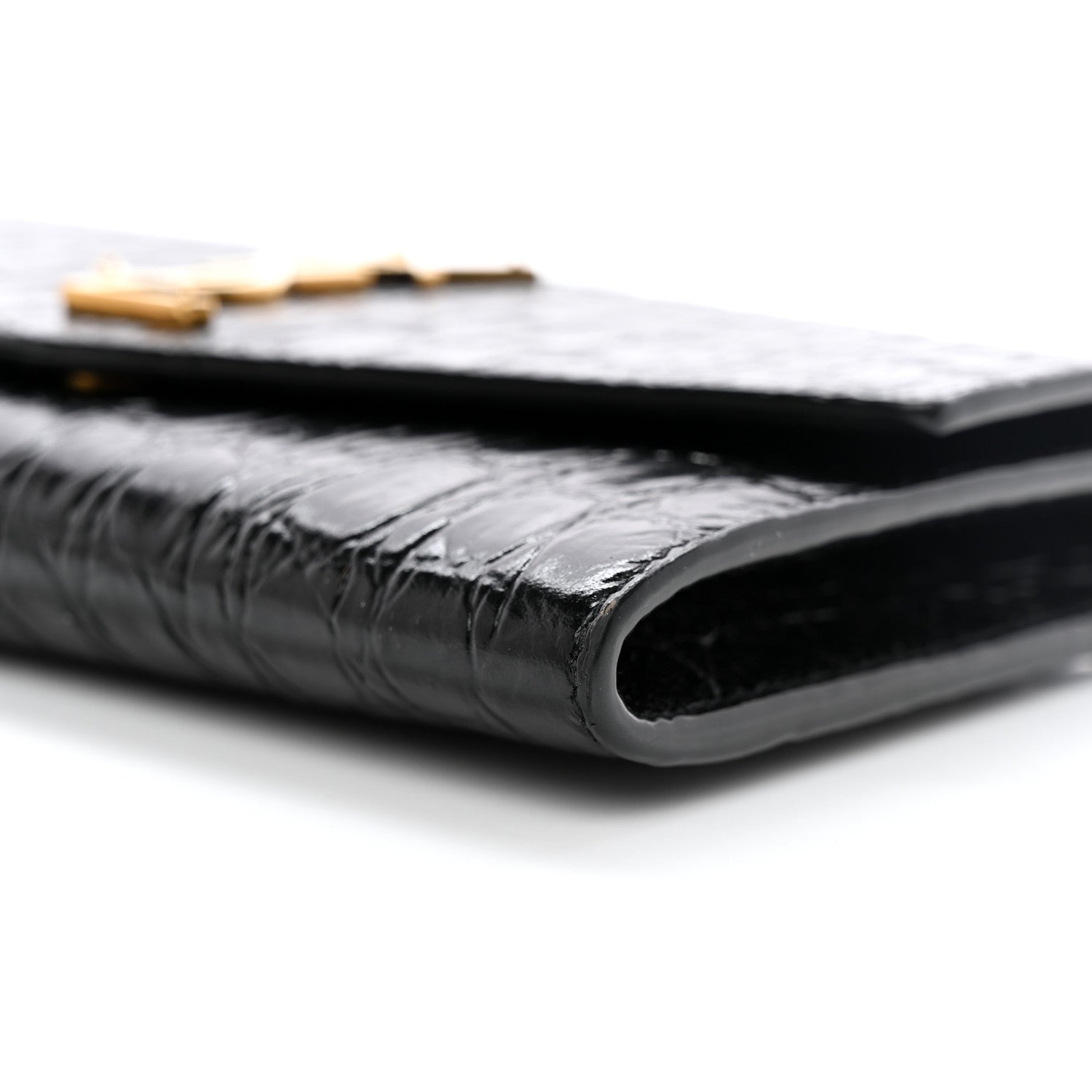 Saint Laurent Calfskin Crocodile Embossed Monogram Uptown Chain Wallet Black 12 of 13