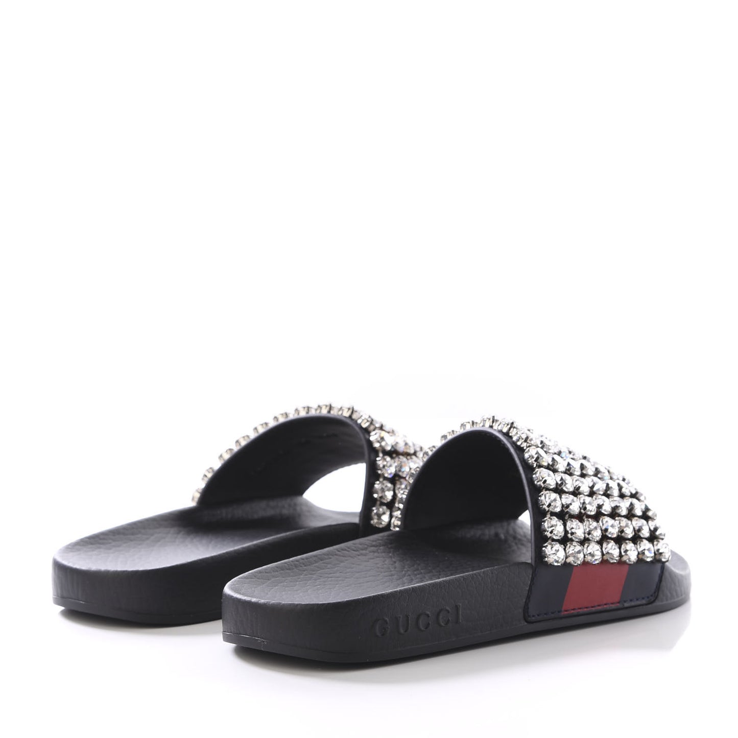 Calfskin Crystal Embellished Web Slide Sandals 34 Blue Red