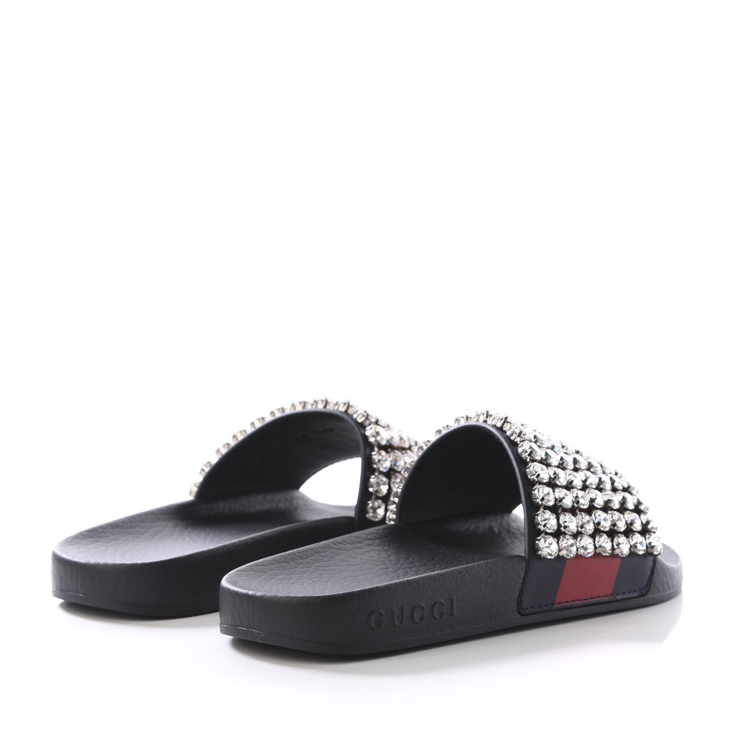 Gucci Calfskin Crystal Embellished Web Slide Sandals 34 Blue Red 4 of 9