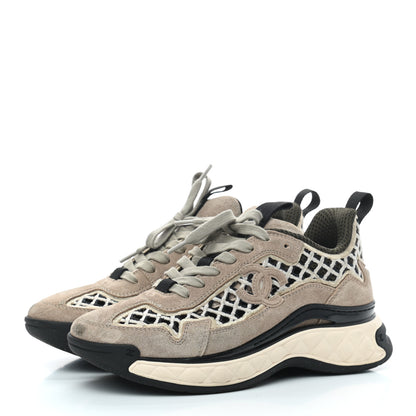 Chanel Suede Calfskin Embroidered CC Sneakers 36 Beige Black 3 of 8