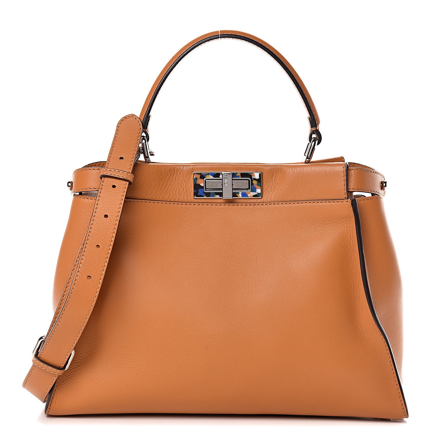 Fendi Vitello Seta Shiny Nappa Plexiglass Granite Medium Peekaboo Iconic Satchel Ginger Latte 3 of 14