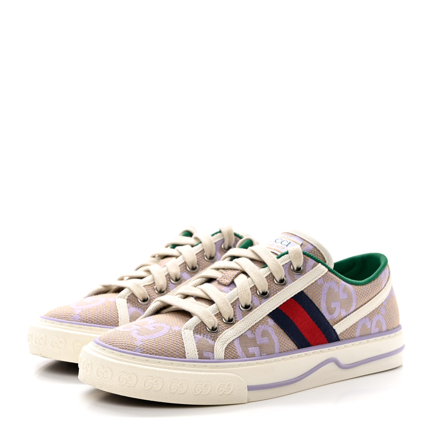 Gucci Monogram Jumbo GG Web Womens 1977 Tennis Sneakers 37.5 Beige Lapis Mystic White 3 of 8
