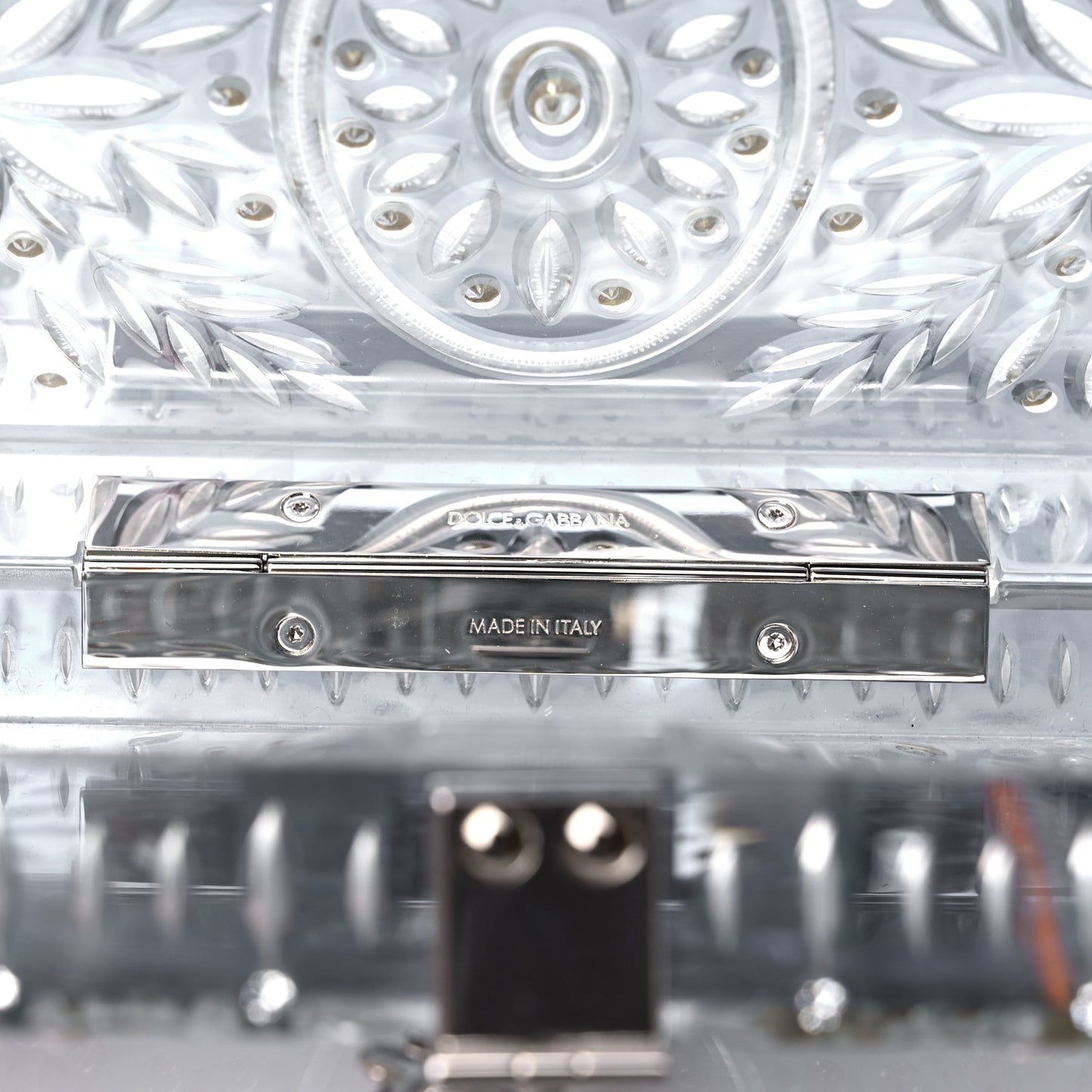Crystal Embellished Plexiglass Dolce Box Clutch Silver
