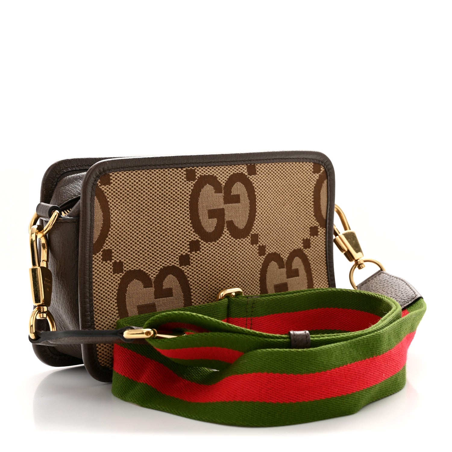Gucci Monogram Jumbo GG Textured Dollar Calfskin Web Mini Crossbody Bag Camel Ebony New Acero 3 of 11