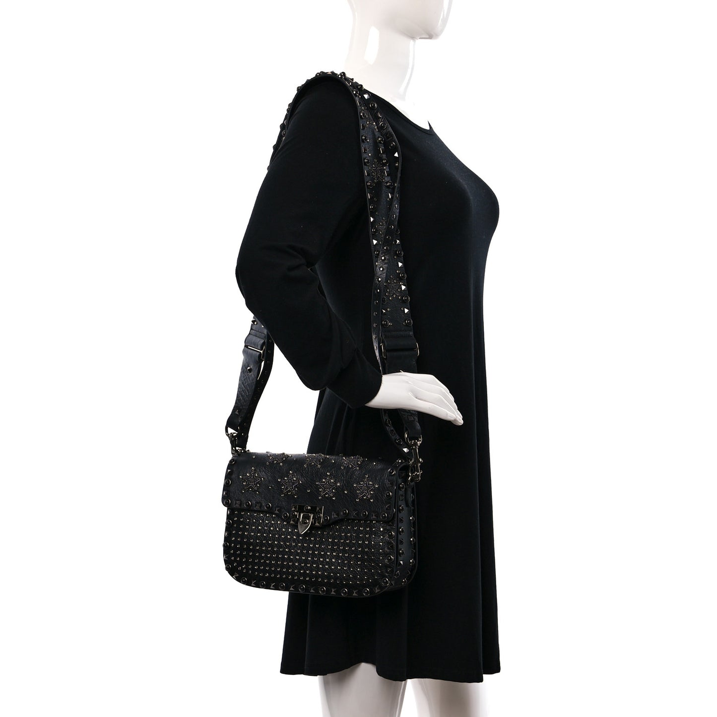 Pebbled Calfskin Crystal Embroidered Star Medium Rockstud Rolling Flap Saddle Bag Black