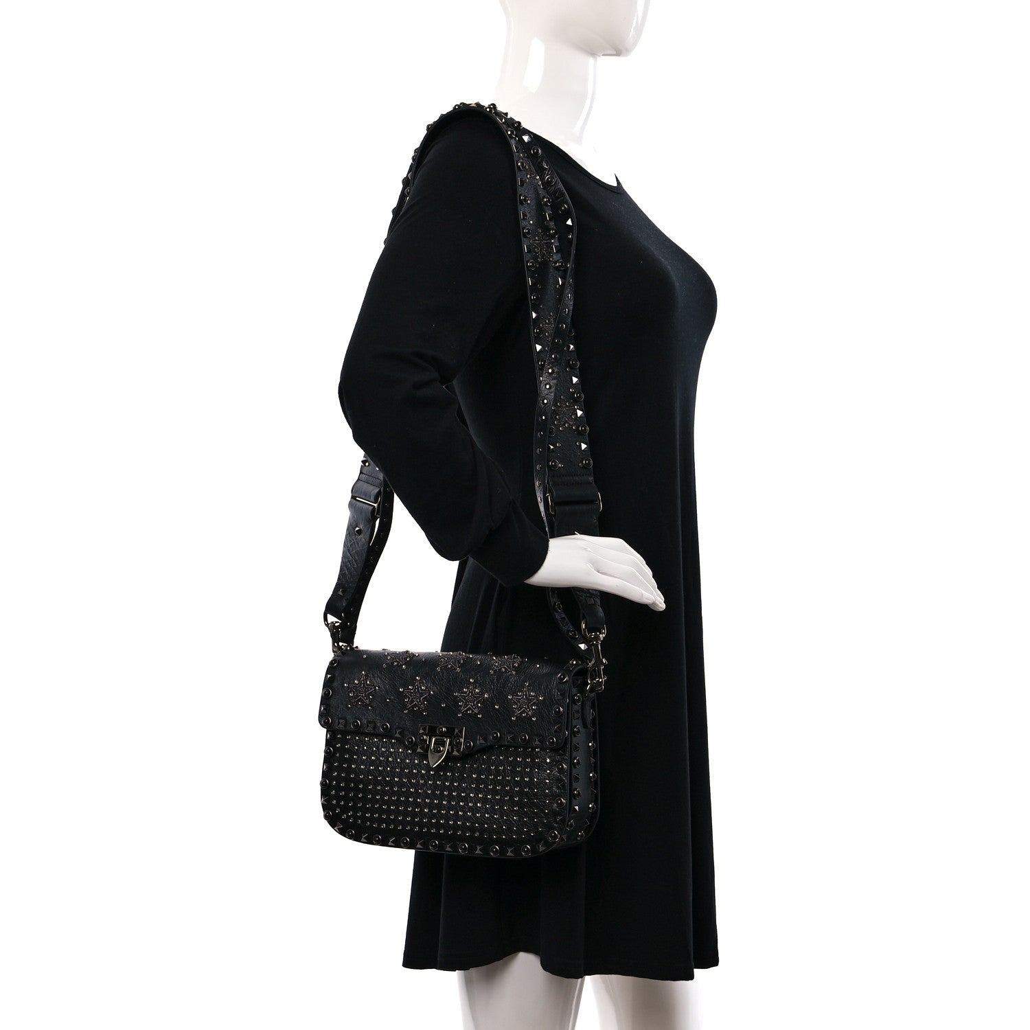 Valentino Garavani Pebbled Calfskin Crystal Embroidered Star Medium Rockstud Rolling Flap Saddle Bag Black 2 of 8