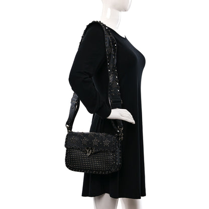 Valentino Garavani Pebbled Calfskin Crystal Embroidered Star Medium Rockstud Rolling Flap Saddle Bag Black 2 of 8