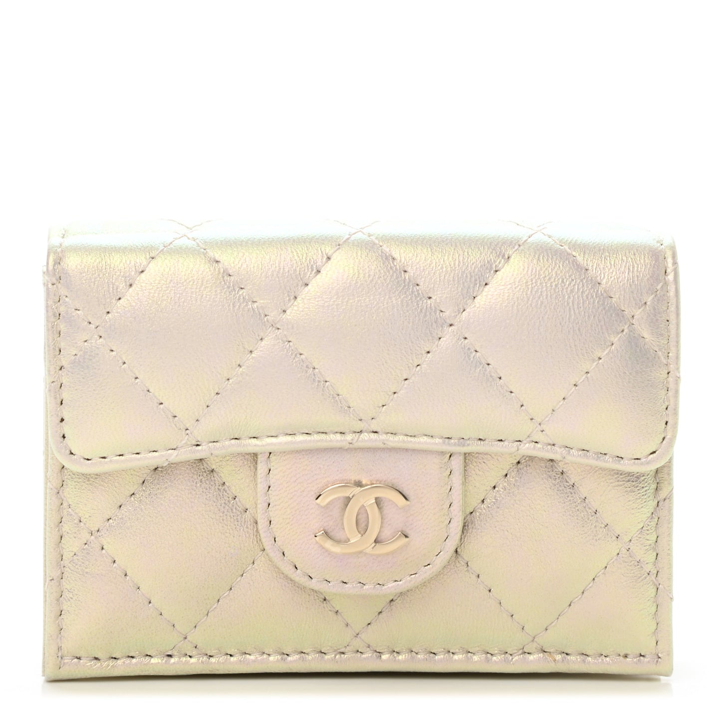 Iridescent Lambskin Quilted Double Flap Wallet Ivory