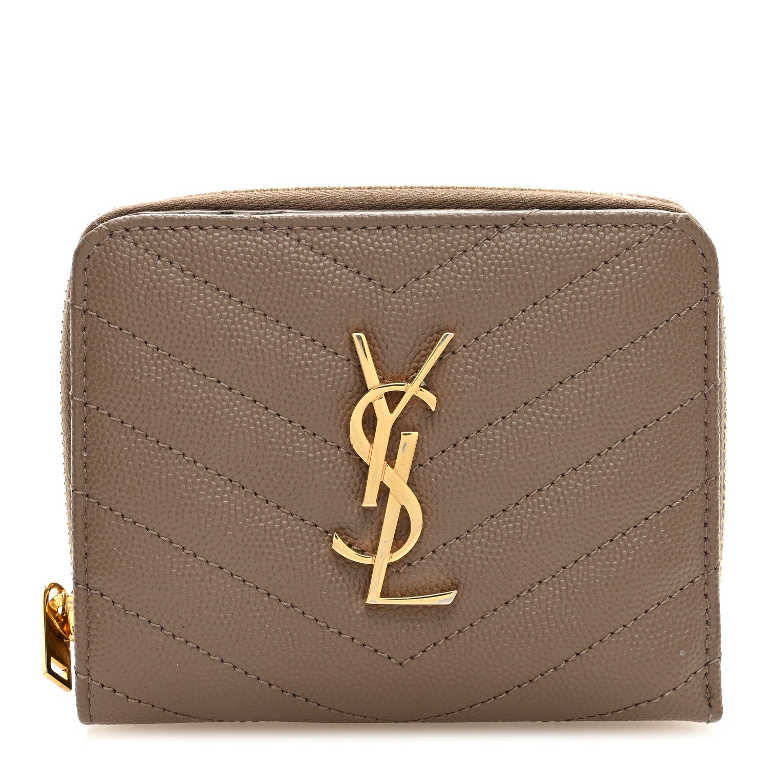 Saint Laurent Grain De Poudre Matelasse Chevron Monogram Compact Zip Around Wallet Beige 1 of 6