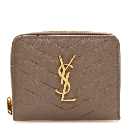 Saint Laurent Grain De Poudre Matelasse Chevron Monogram Compact Zip Around Wallet Beige 1 of 6