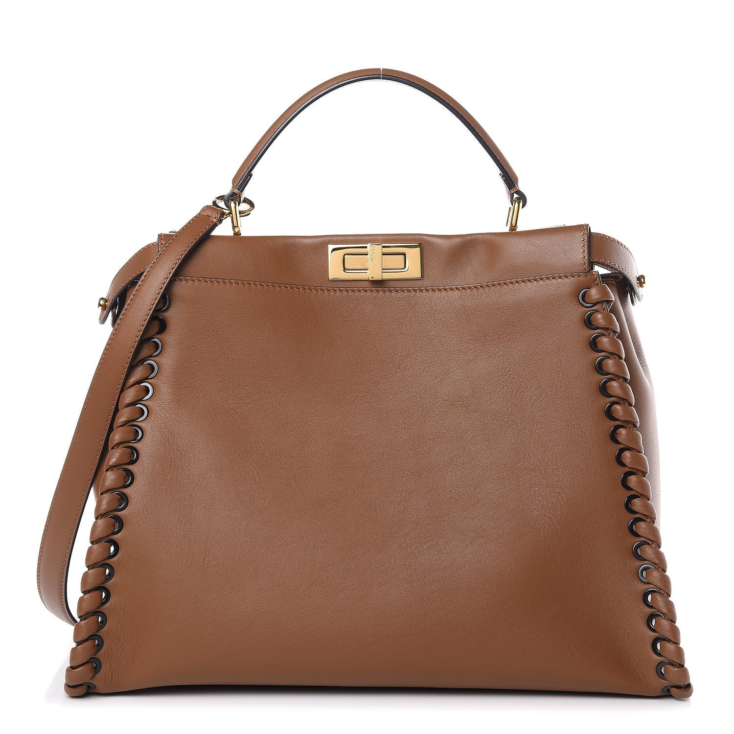 Fendi Calfskin Lace Up Large Peekaboo Iconic Satchel Cognac 1 of 11