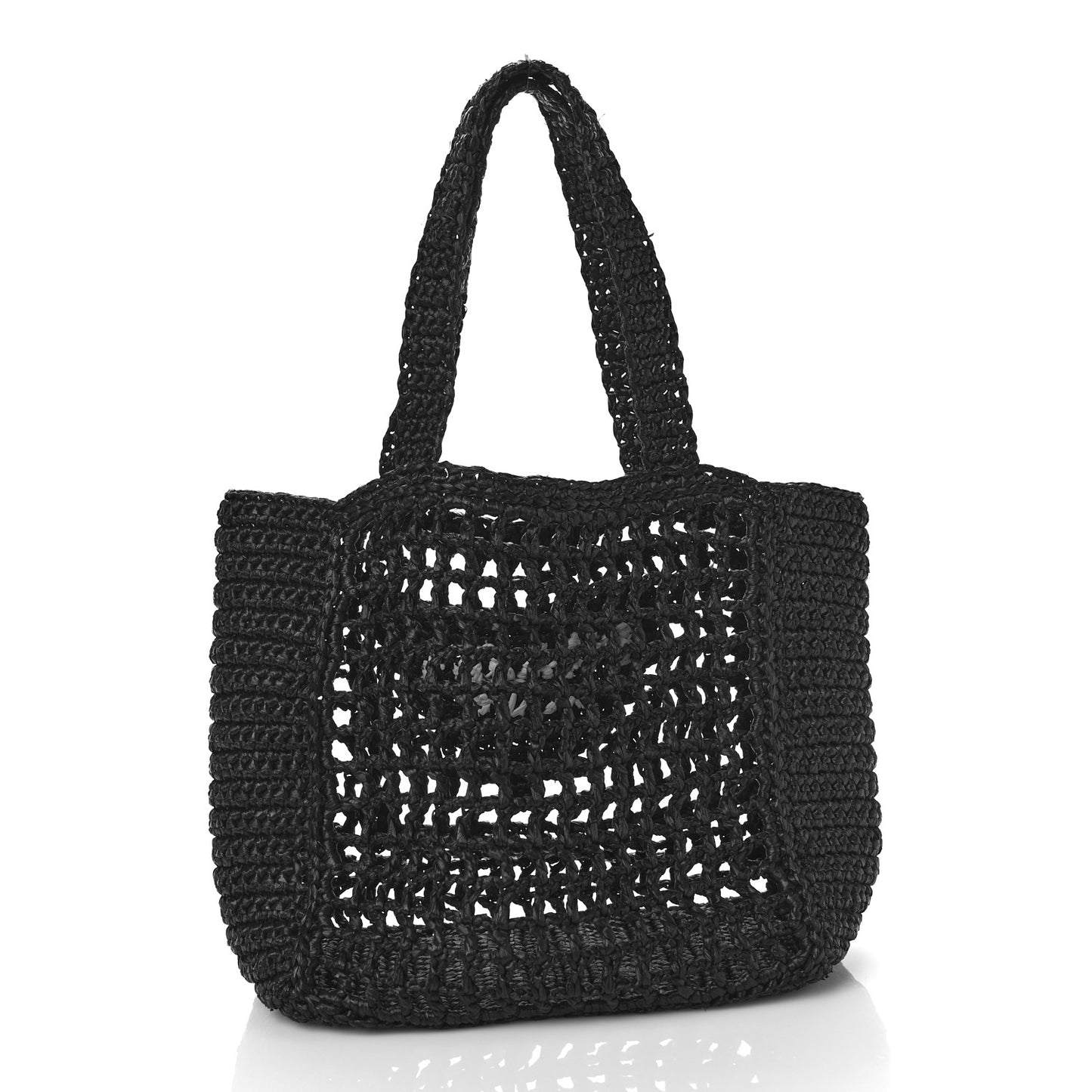 Yarn Raffia Effect Crochet Logo Embroidered Small Tote Bag Black
