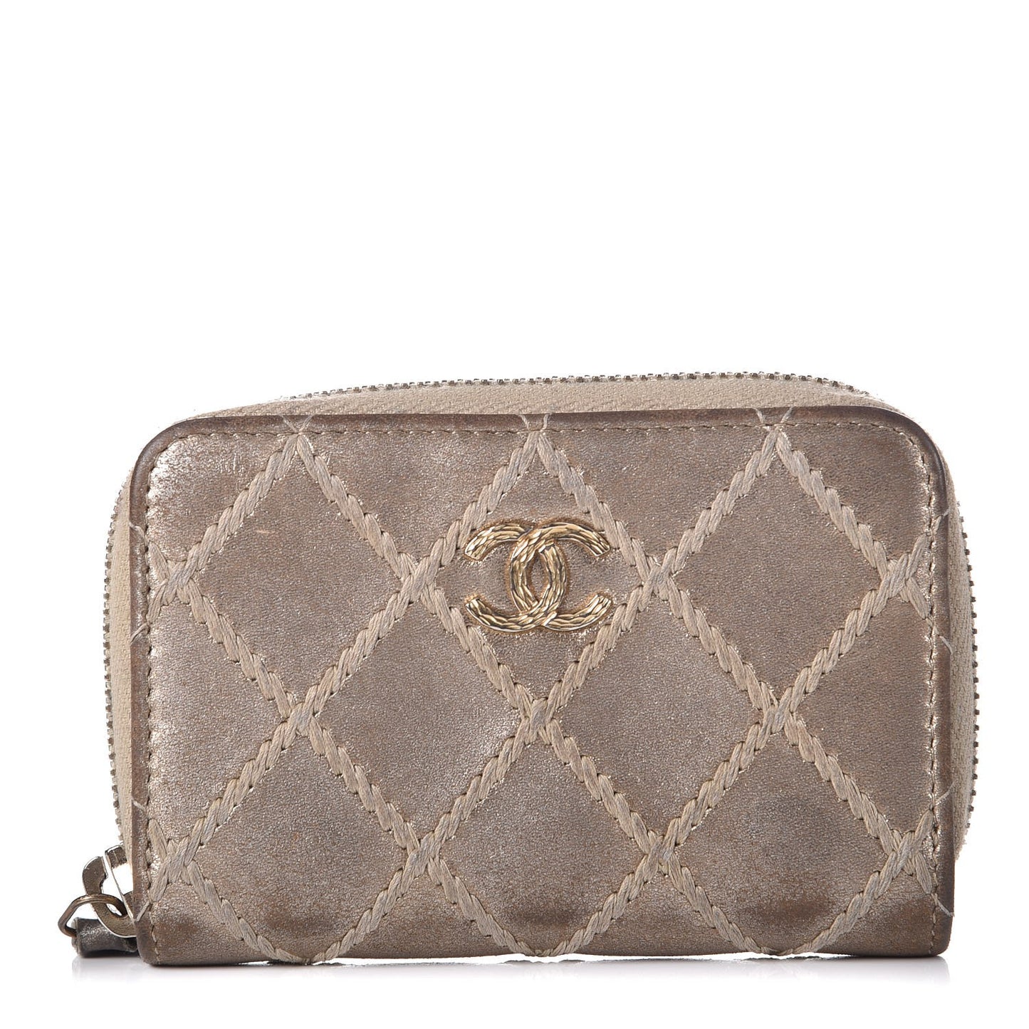 Metallic Lambskin Stitch Zip Coin Purse Gold