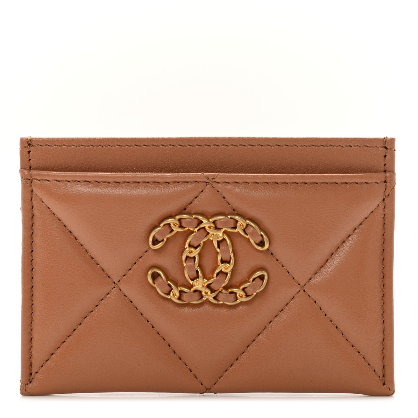 Lambskin Quilted Chanel 19 Card Holder Brown