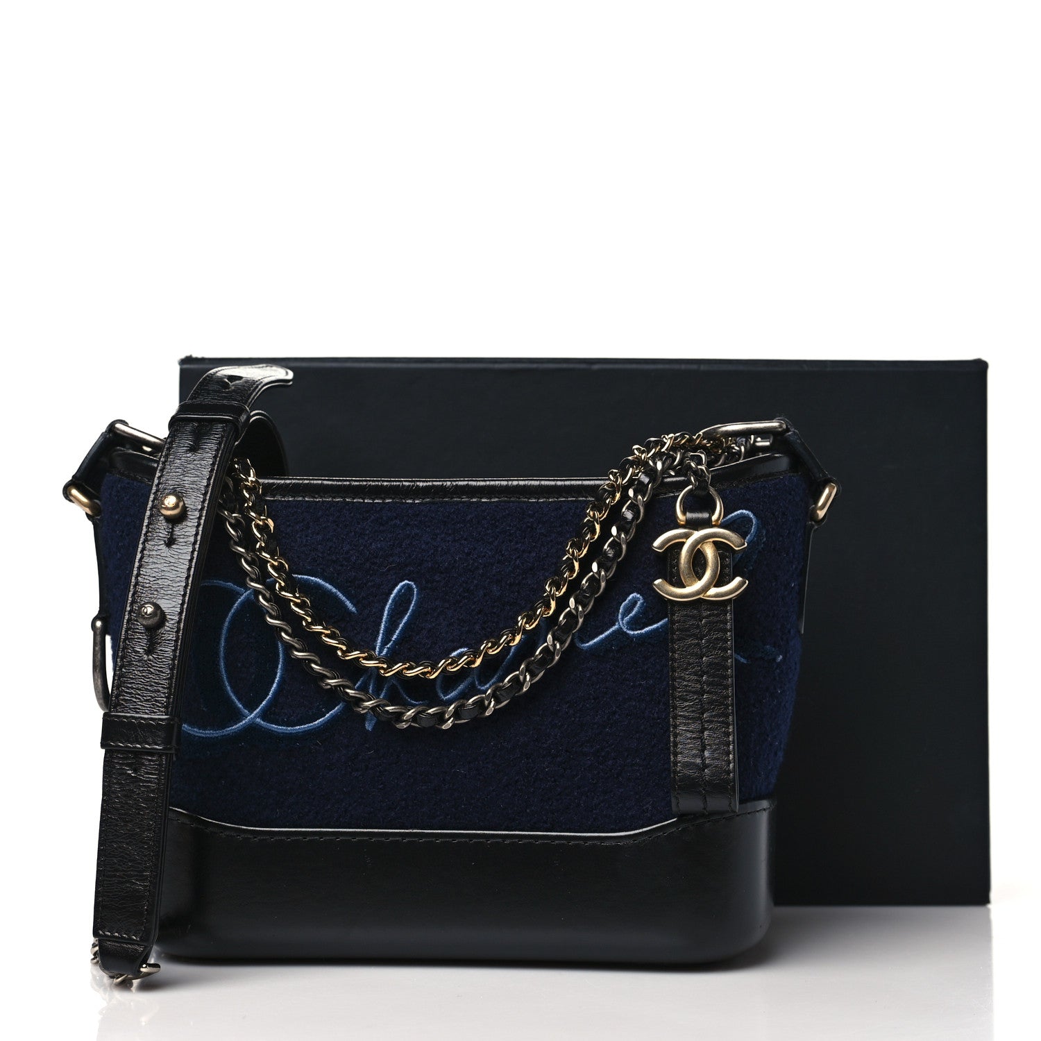 Chanel Calfskin Wool Embroidered Paris Hamburg Medium Gabrielle Hobo Dark Navy Blue 11 of 11