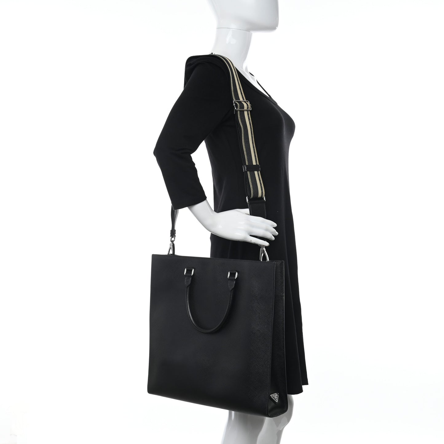 Saffiano Cuir Triangle Logo Embossed Vertical Tote Black