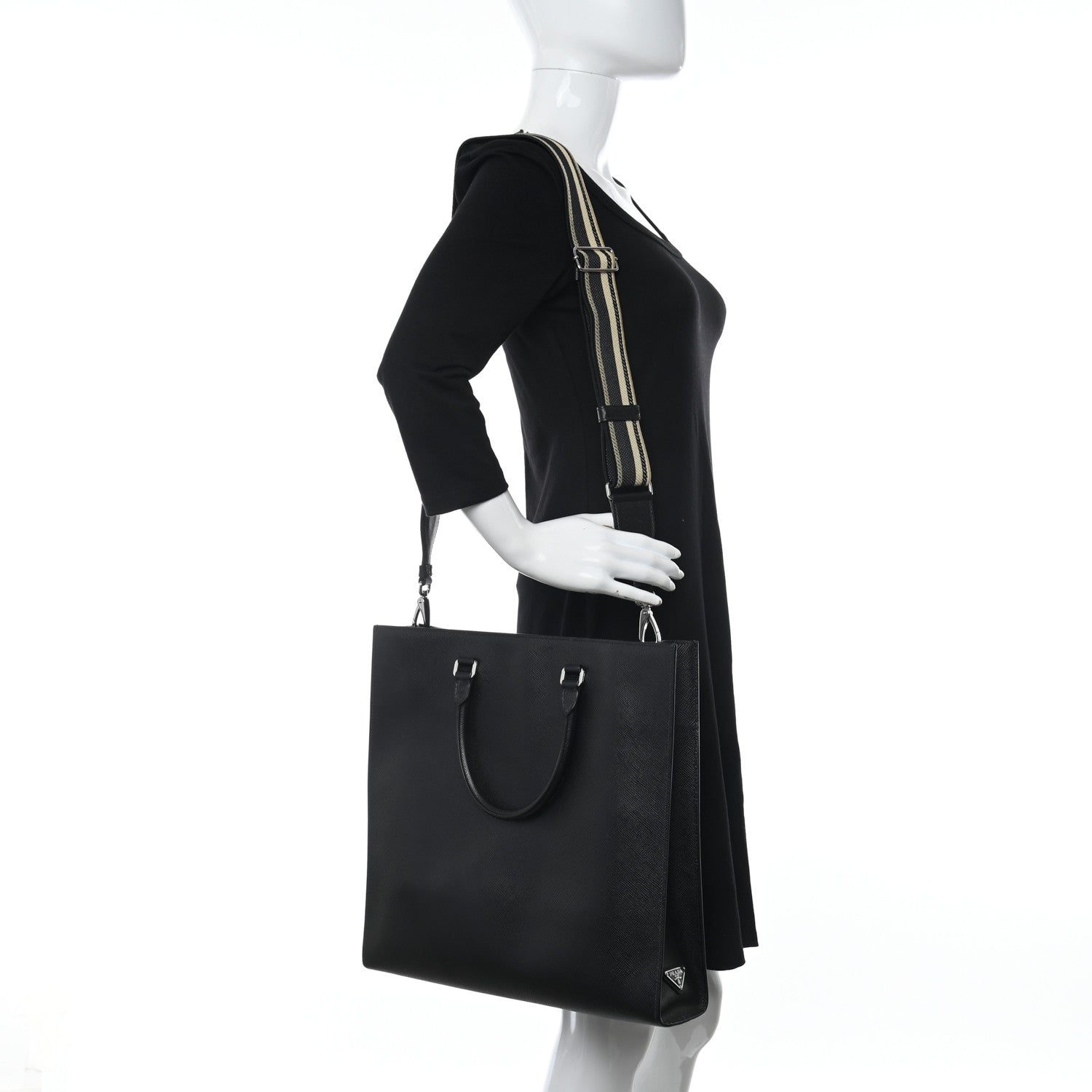 Prada Saffiano Cuir Triangle Logo Embossed Vertical Tote Black 2 of 12