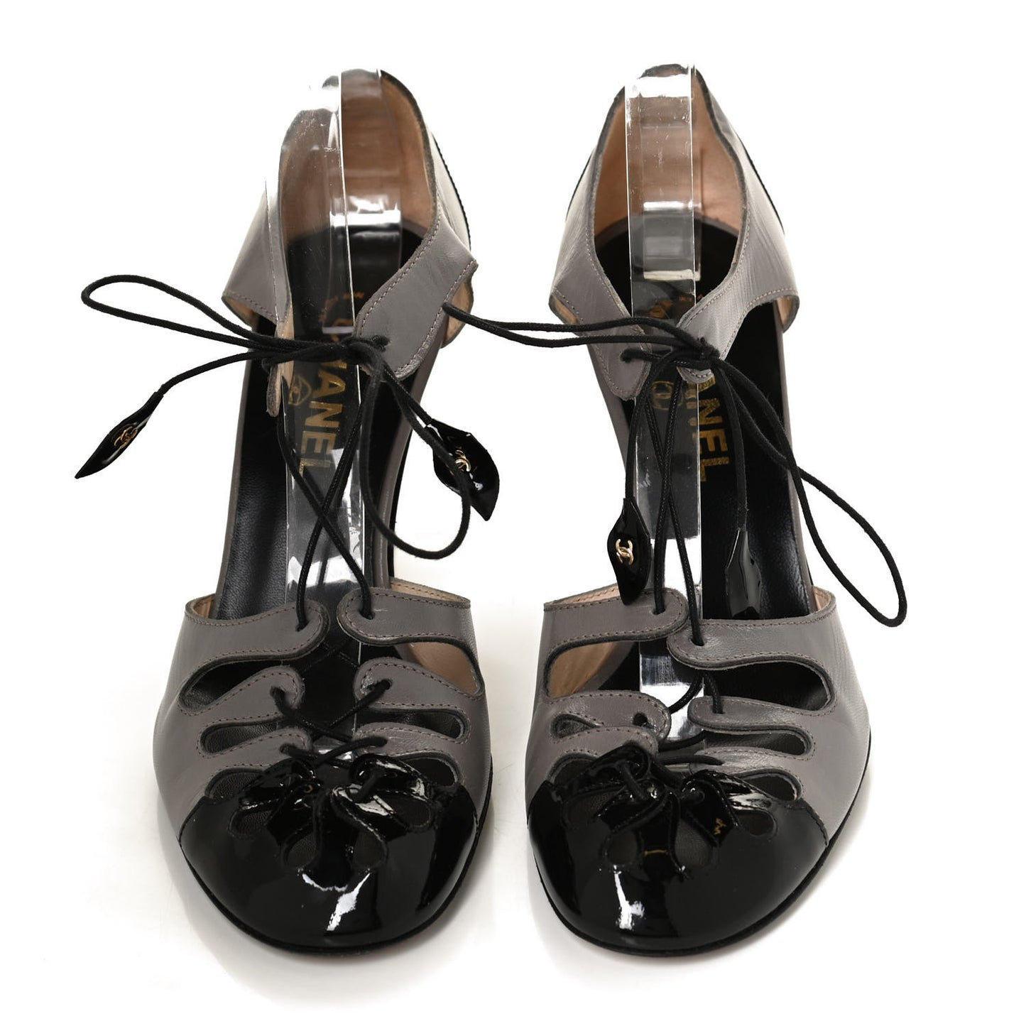 Patent Calfskin Lace Up Pumps 39 Grey Black