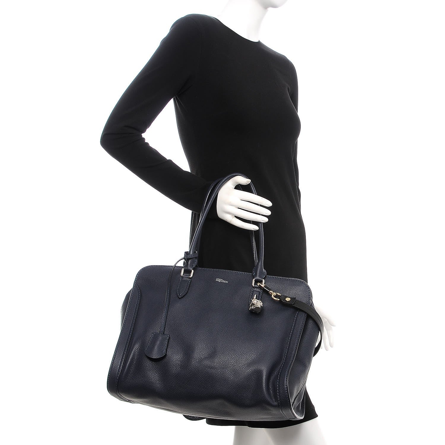 Alexander McQueen Pebbled Calfskin Large Skull Padlock Zip Around Tote Navy 2 of 8