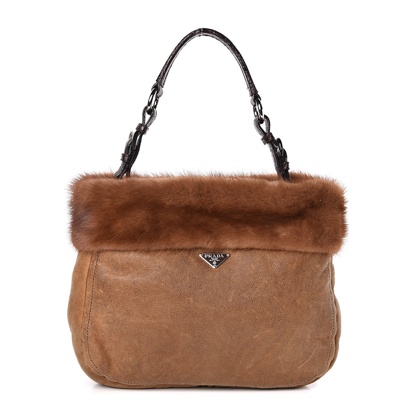 Suede Shearling Mink Fur Crocodile Shoulder Bag Brown
