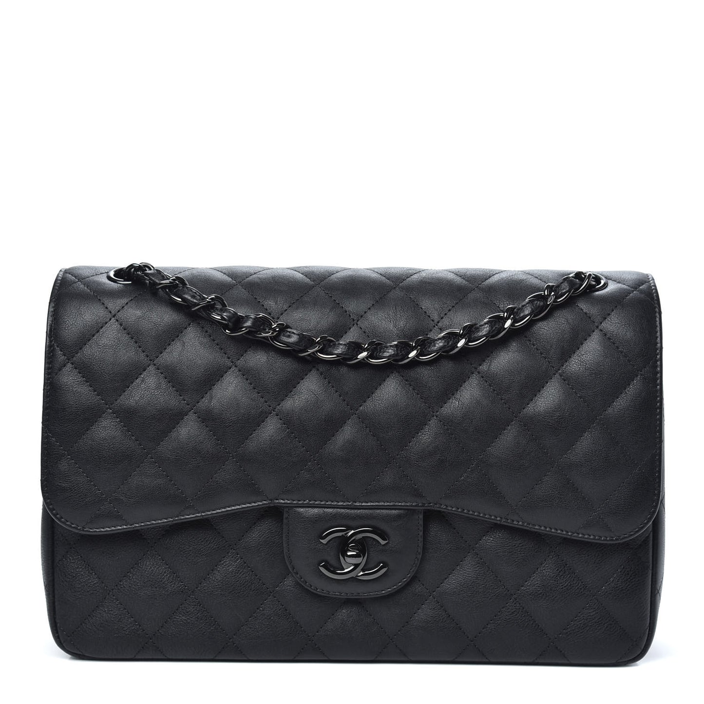 Crumpled Calfskin Quilted Jumbo Double Flap So Black