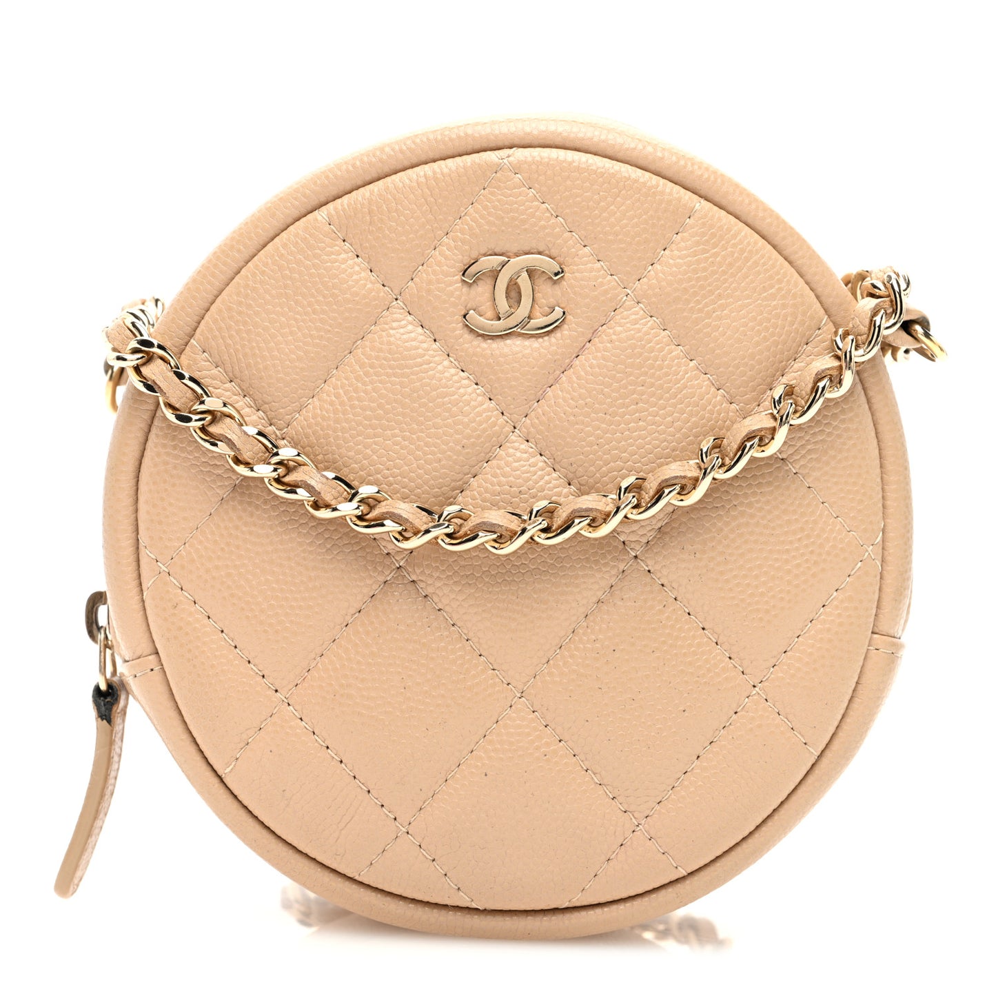 Caviar Quilted Round Clutch With Chain Beige