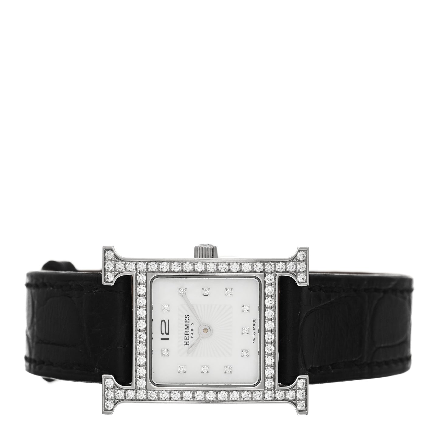 Stainless Steel Alligator Diamond Bezel Mother of Pearl 21mm Heure H Hour Quartz Watch Noir