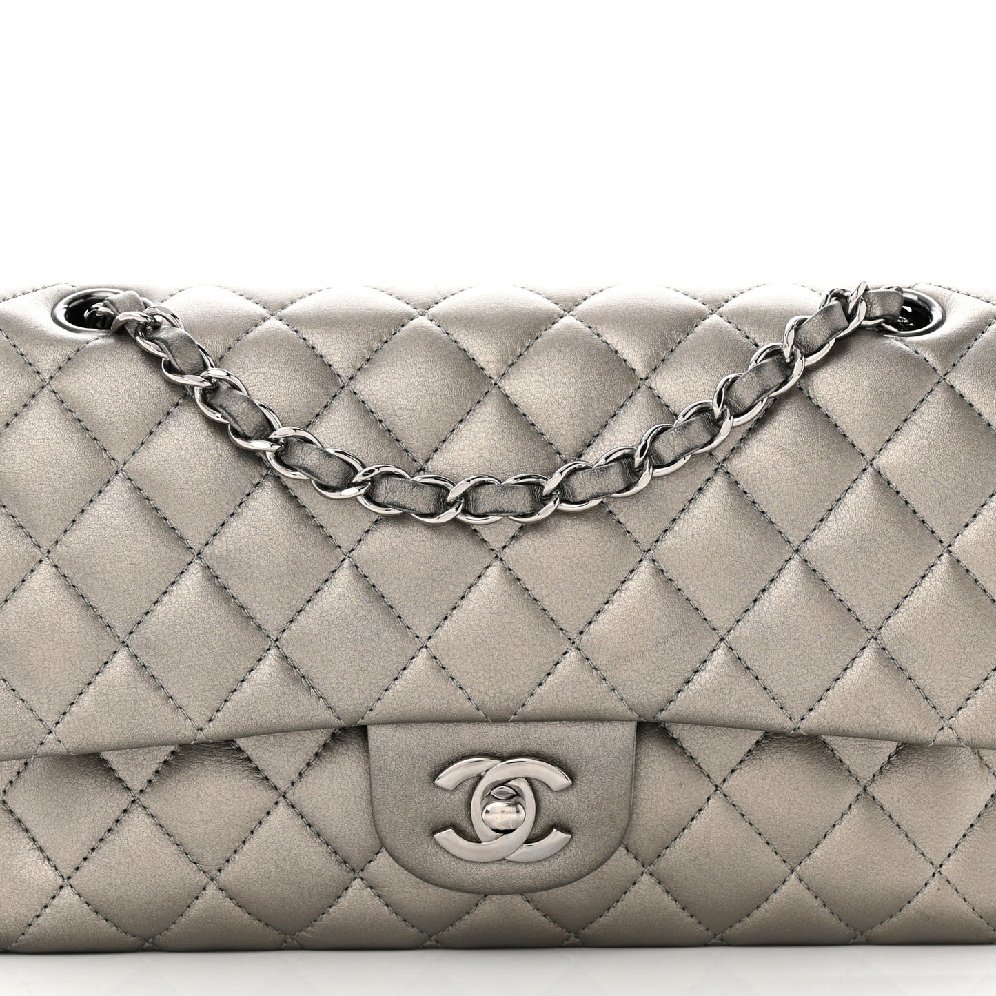Metallic Calfskin Quilted Medium Double Flap Ruthenium