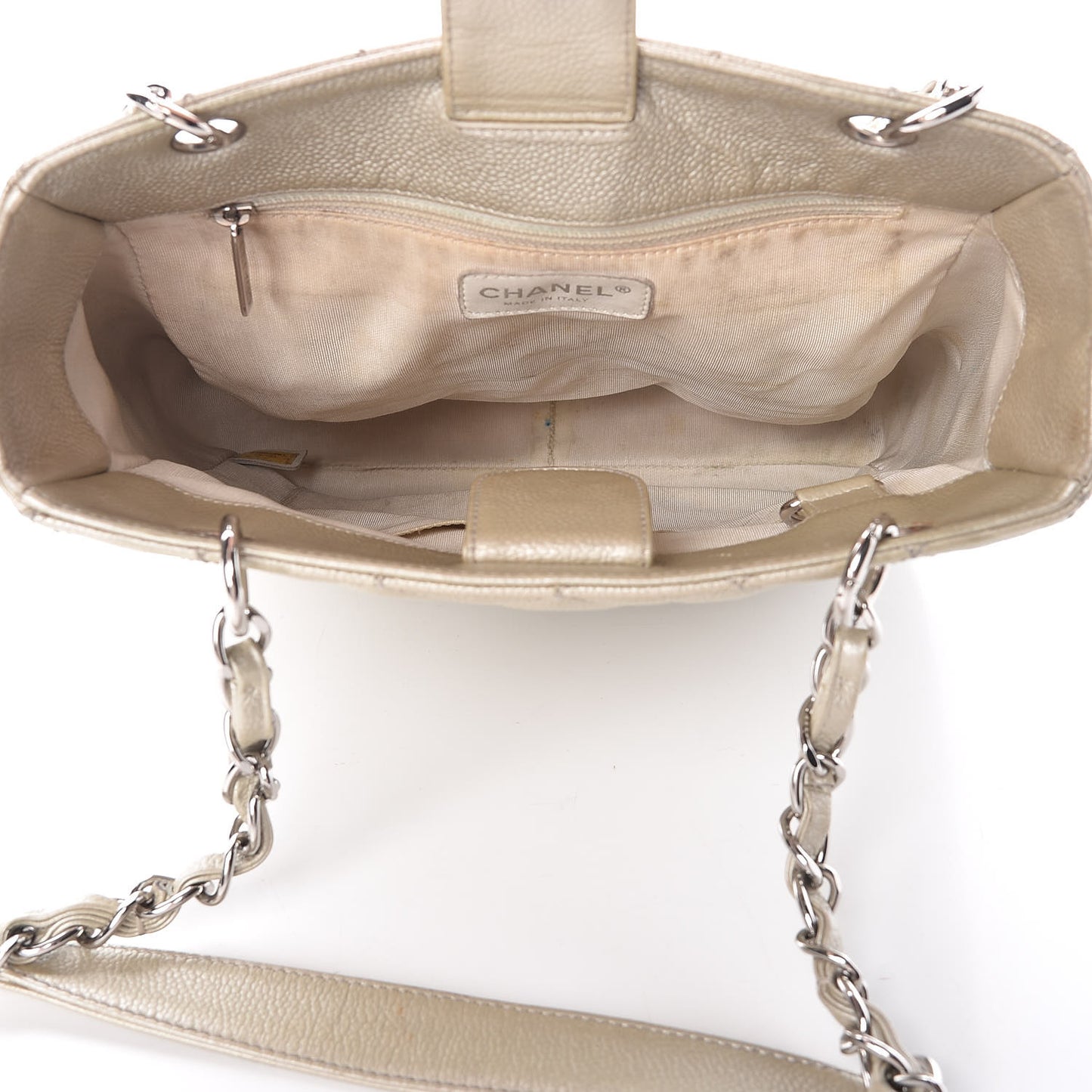Metallic Caviar Quilted Petit Shopping Tote PST Pearl
