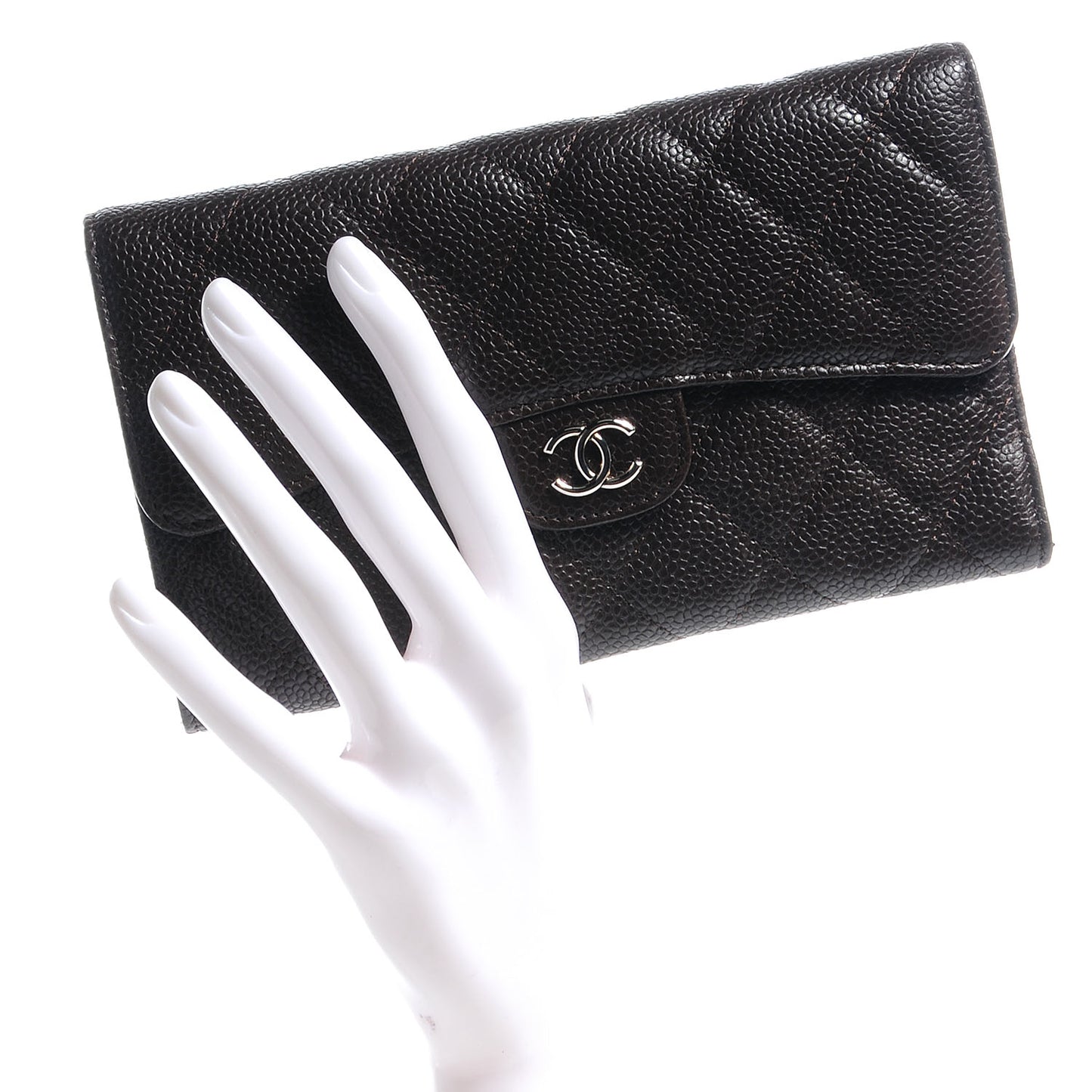 Caviar Quilted Long Flap Wallet Dark Brown