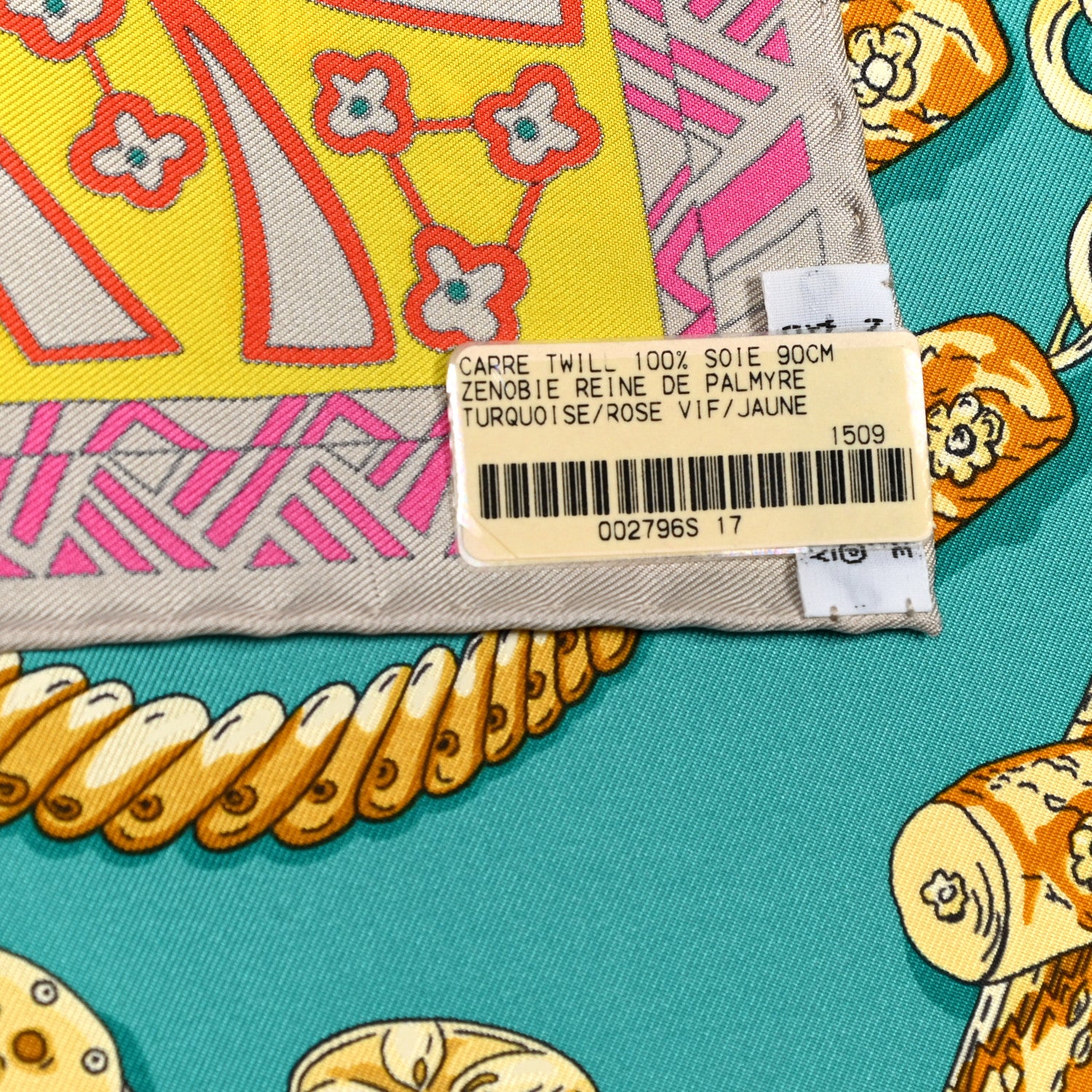 Hermes Silk Zenobie Reine De Palmyre Scarf 90 Vert d'Eau Rose Jaune Vif 8 of 8