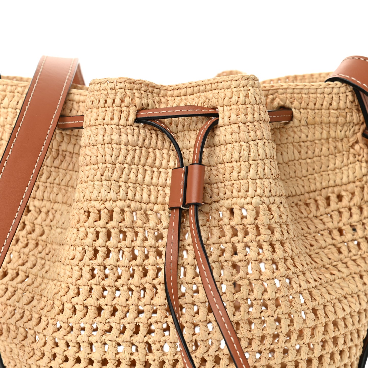 Raffia Calfskin Balloon Bucket Bag Natural Tan