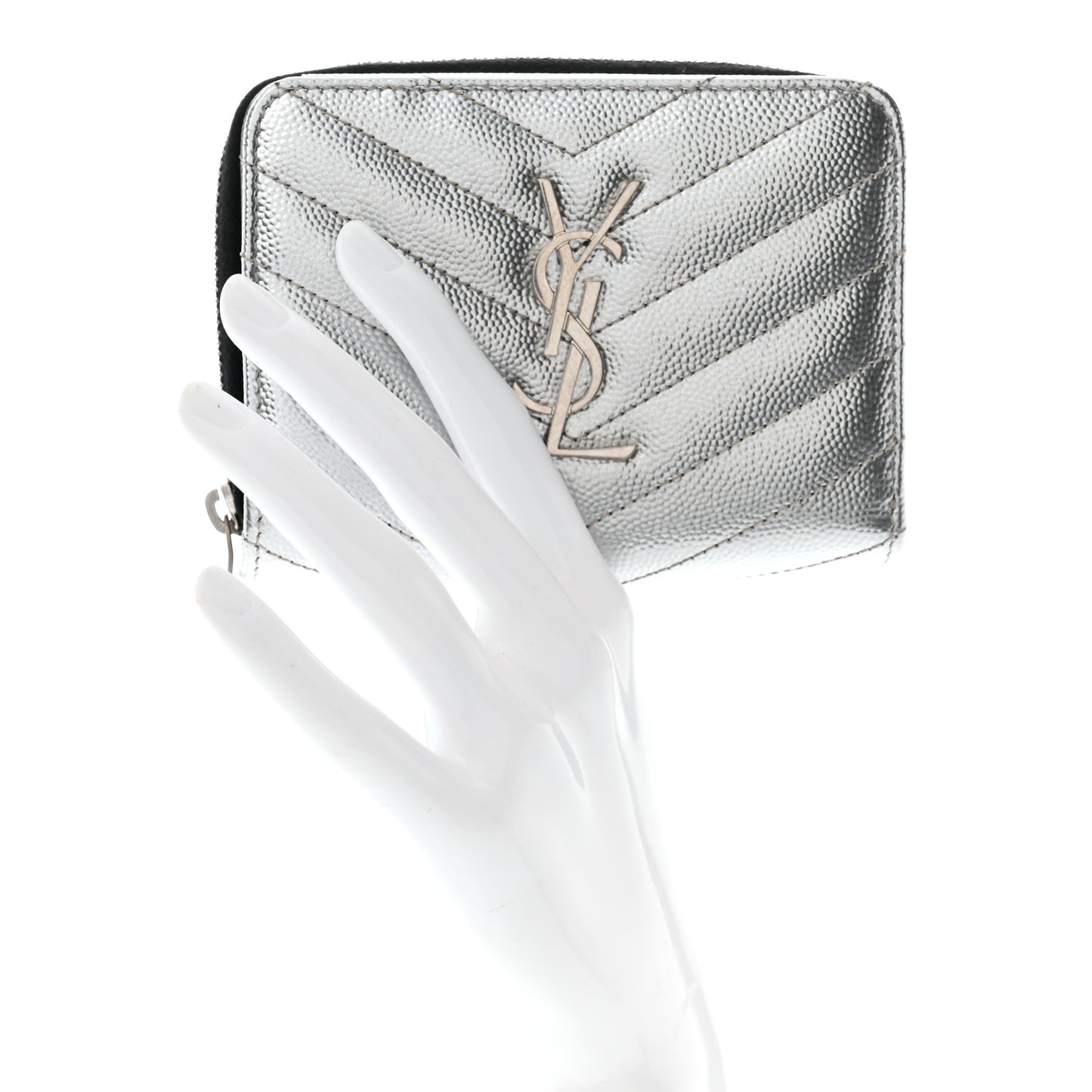 Metallic Grain De Poudre Matelasse Chevron Monogram Compact Zip Around Wallet Silver