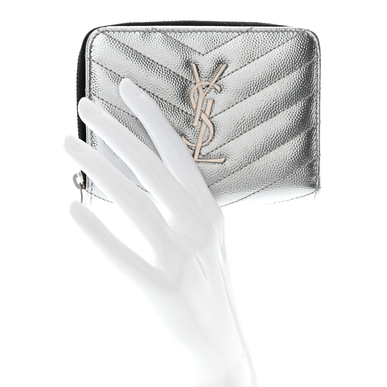 Saint Laurent Metallic Grain De Poudre Matelasse Chevron Monogram Compact Zip Around Wallet Silver 2 of 7